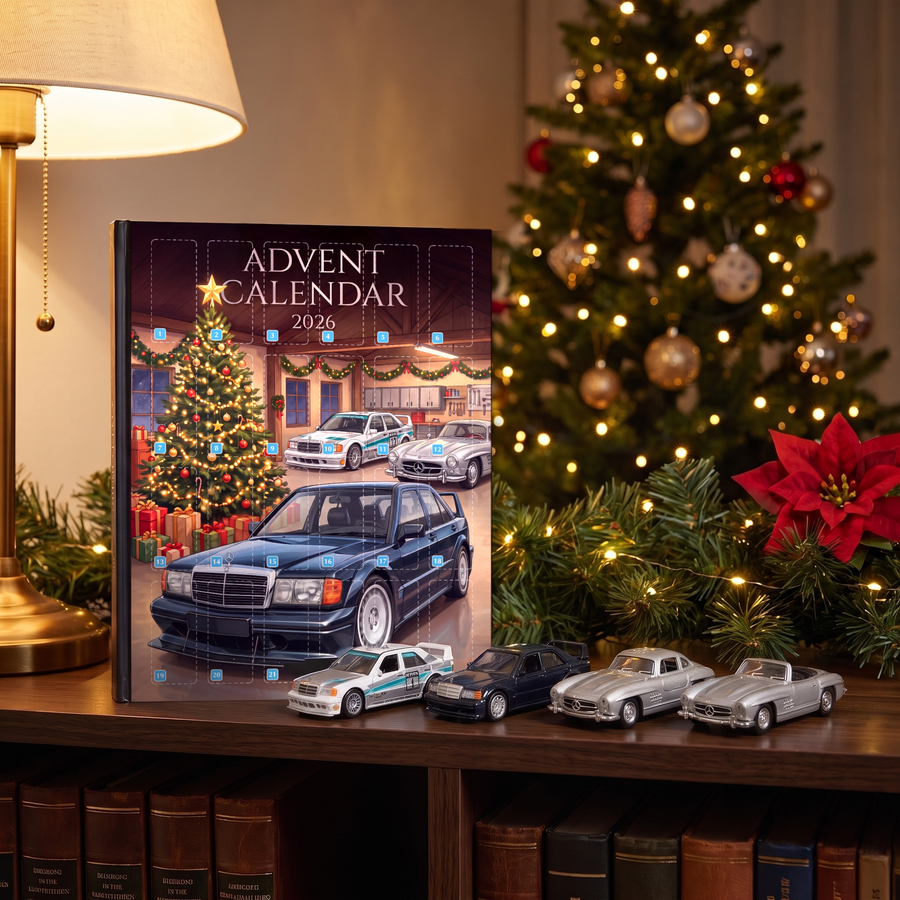 The advent calendar on a bookshelf with die-cast cars in front