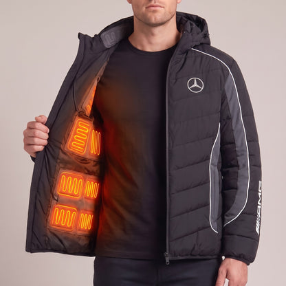 Mercedes-AMG heated puffer jacket worn open, with the heating pads glowing orange inside