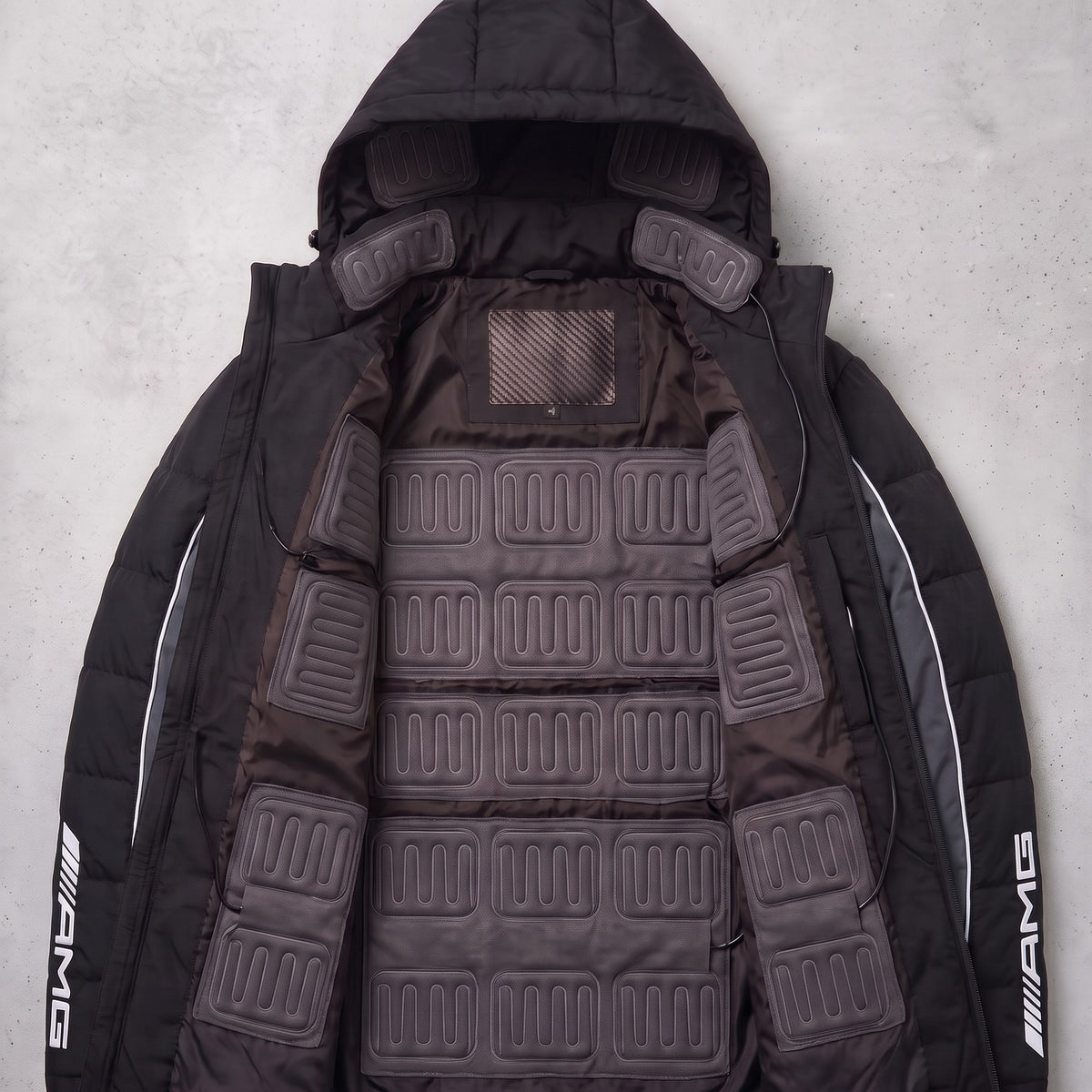 Mercedes-AMG edition heated jacket opened to show the heating pads in the lining