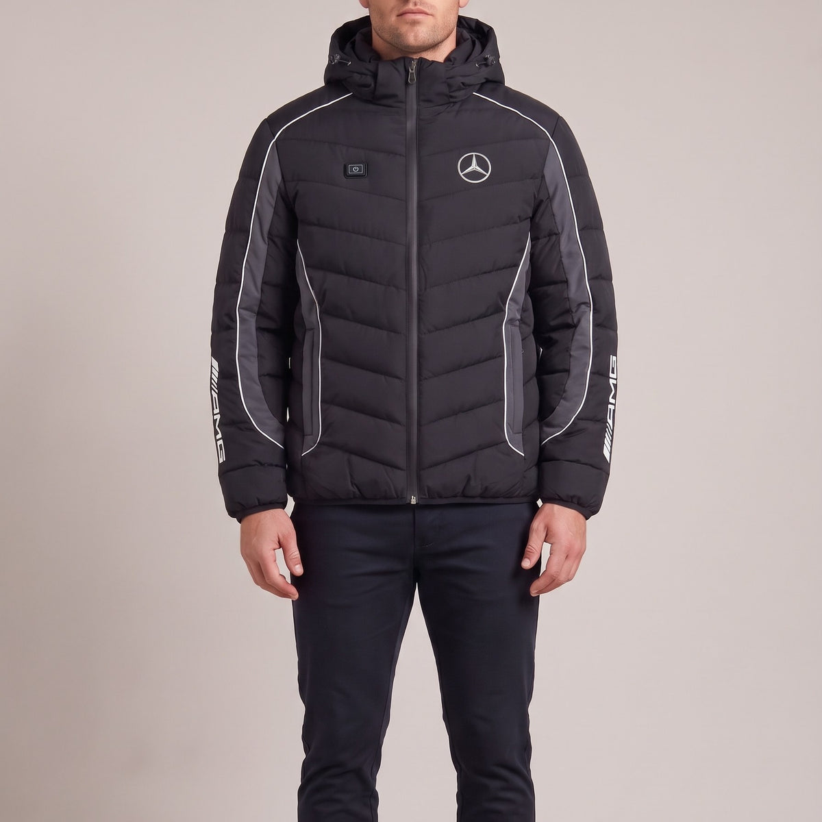 Man wearing the Mercedes-AMG heated puffer jacket, front view