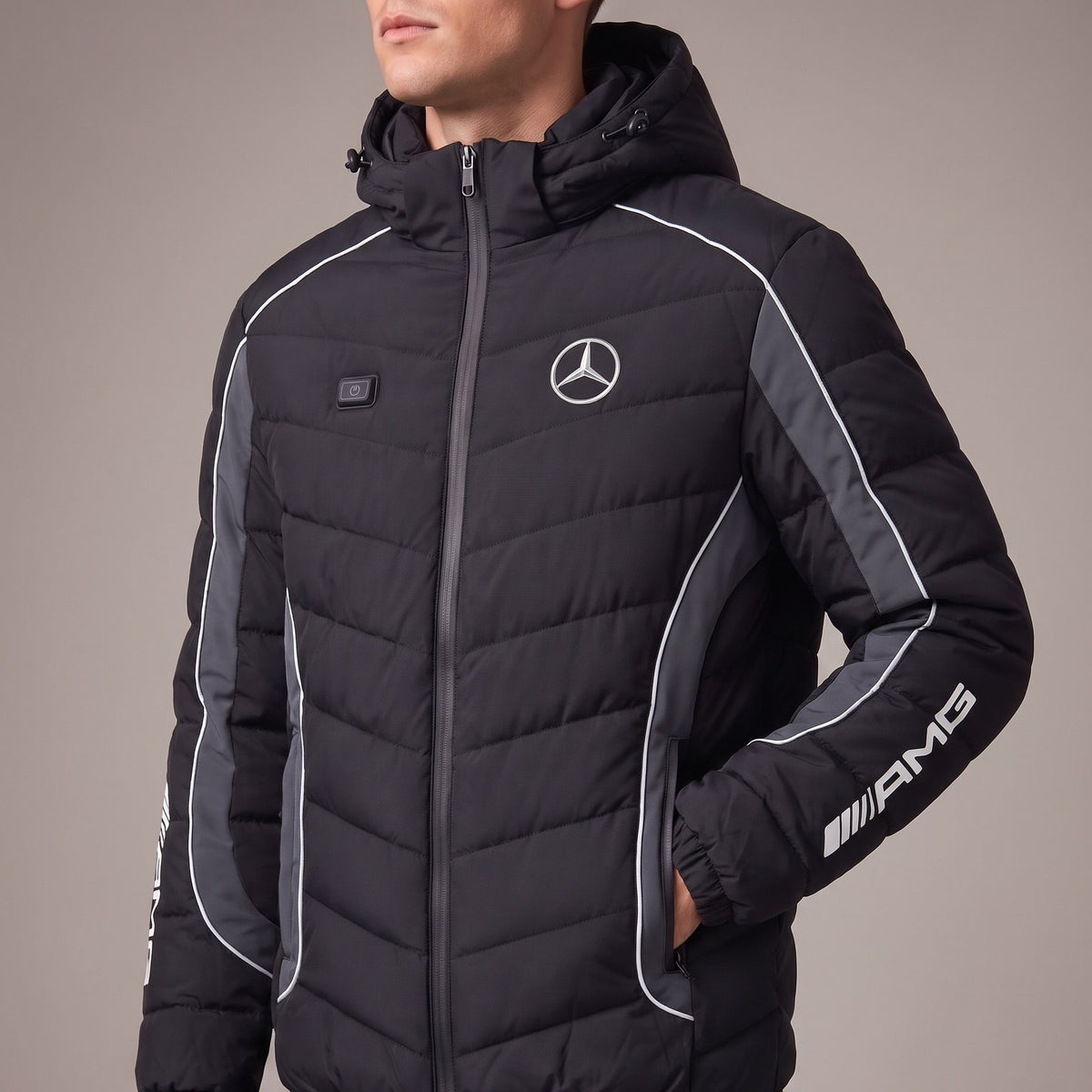Mercedes-AMG heated puffer jacket worn, three-quarter view