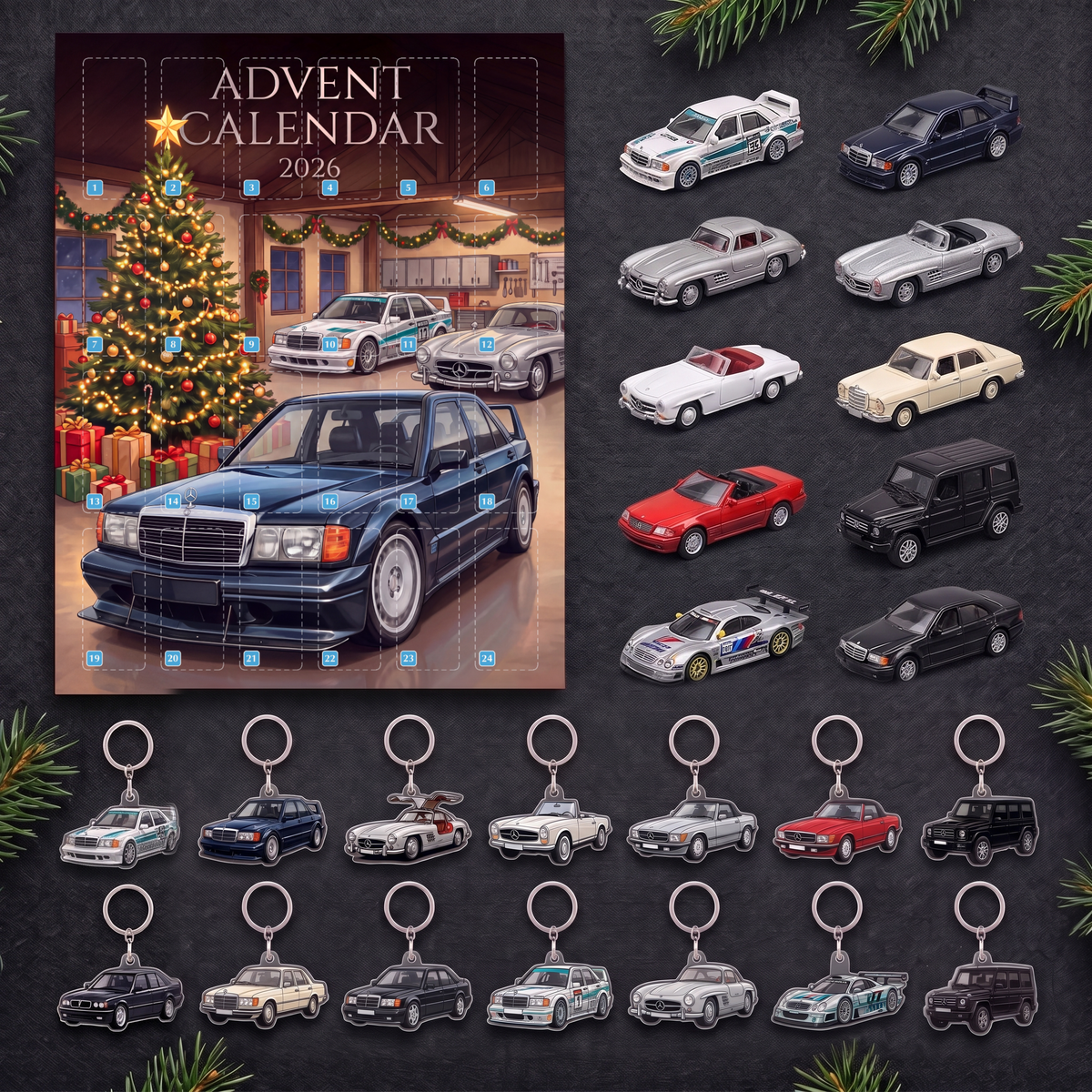 What's inside: the calendar box, 10 die-cast model cars and 14 acrylic car keychains