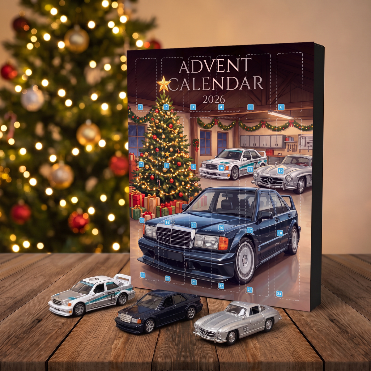 The advent calendar with three 1:64 die-cast cars in front