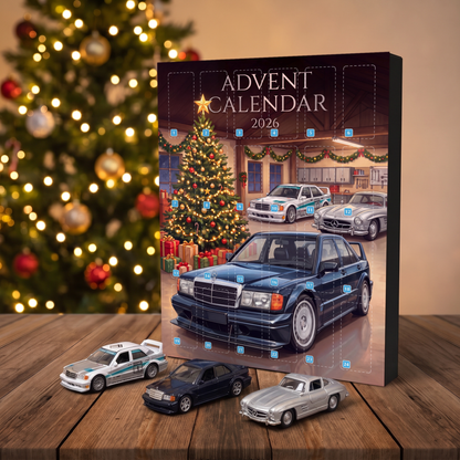 The advent calendar with three 1:64 die-cast cars in front