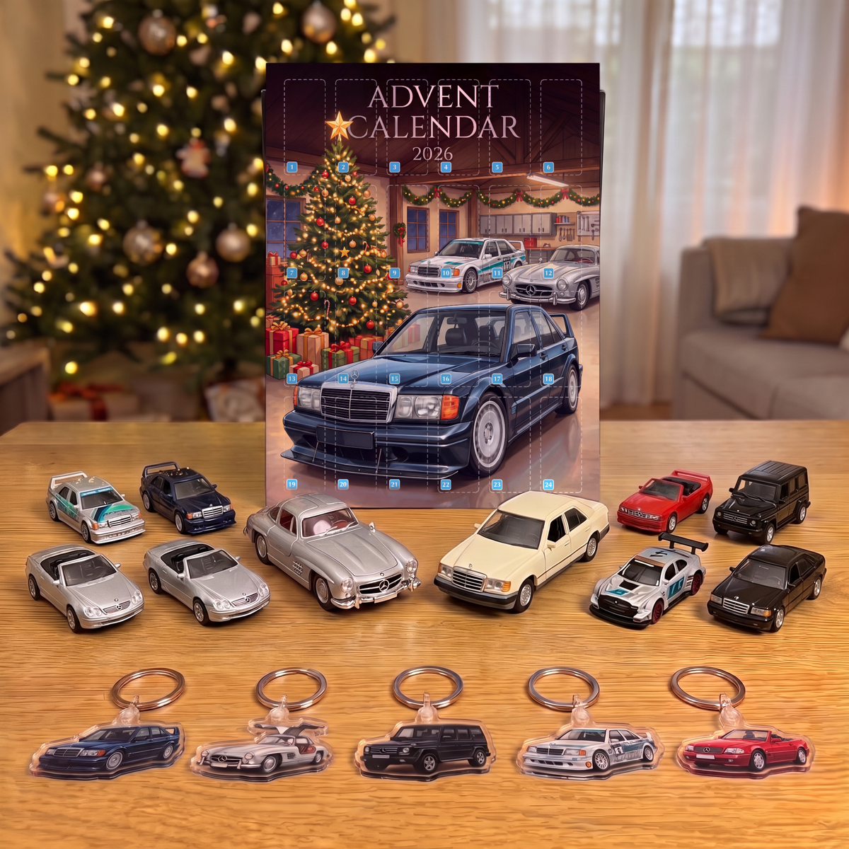 The advent calendar with all 10 die-cast cars and acrylic keychains in front