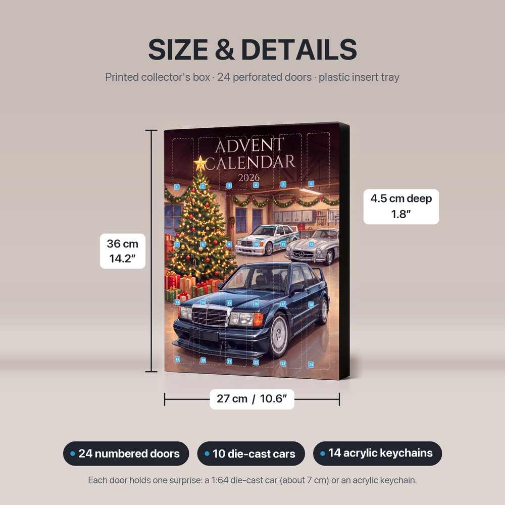 Advent calendar size and details: 27 by 36 by 4.5 centimetres