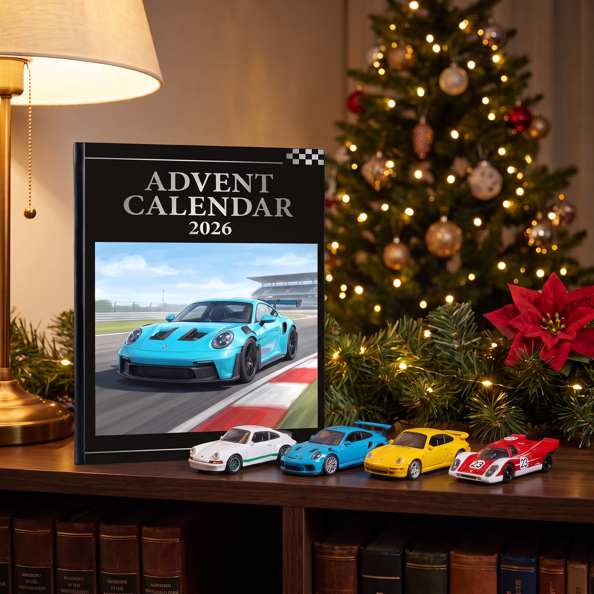 The Porsche advent calendar on a bookshelf with four die-cast cars in front, by the Christmas tree