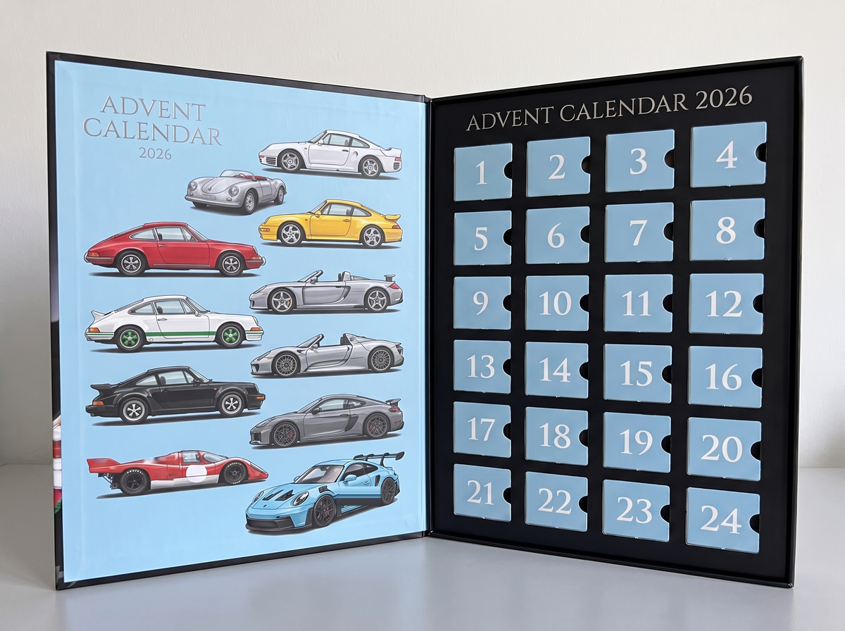 The calendar opened: illustrated car line-up and 24 numbered doors