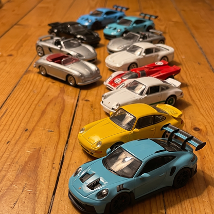 The 10 die-cast cars lined up on the floor