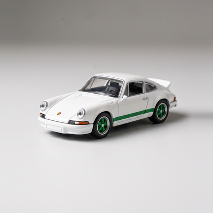 White RS 2.7 1:64 die-cast car with green stripes
