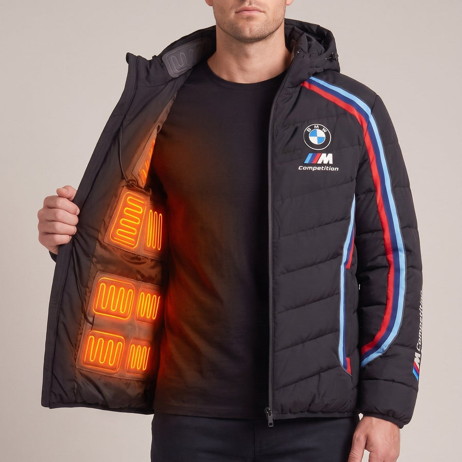 BMW M heated puffer jacket worn open, with the heating pads glowing orange inside
