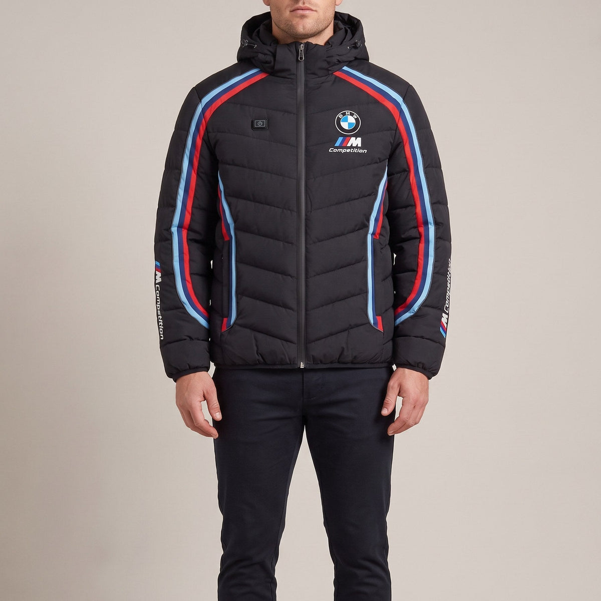 Man wearing the BMW M heated puffer jacket, front view