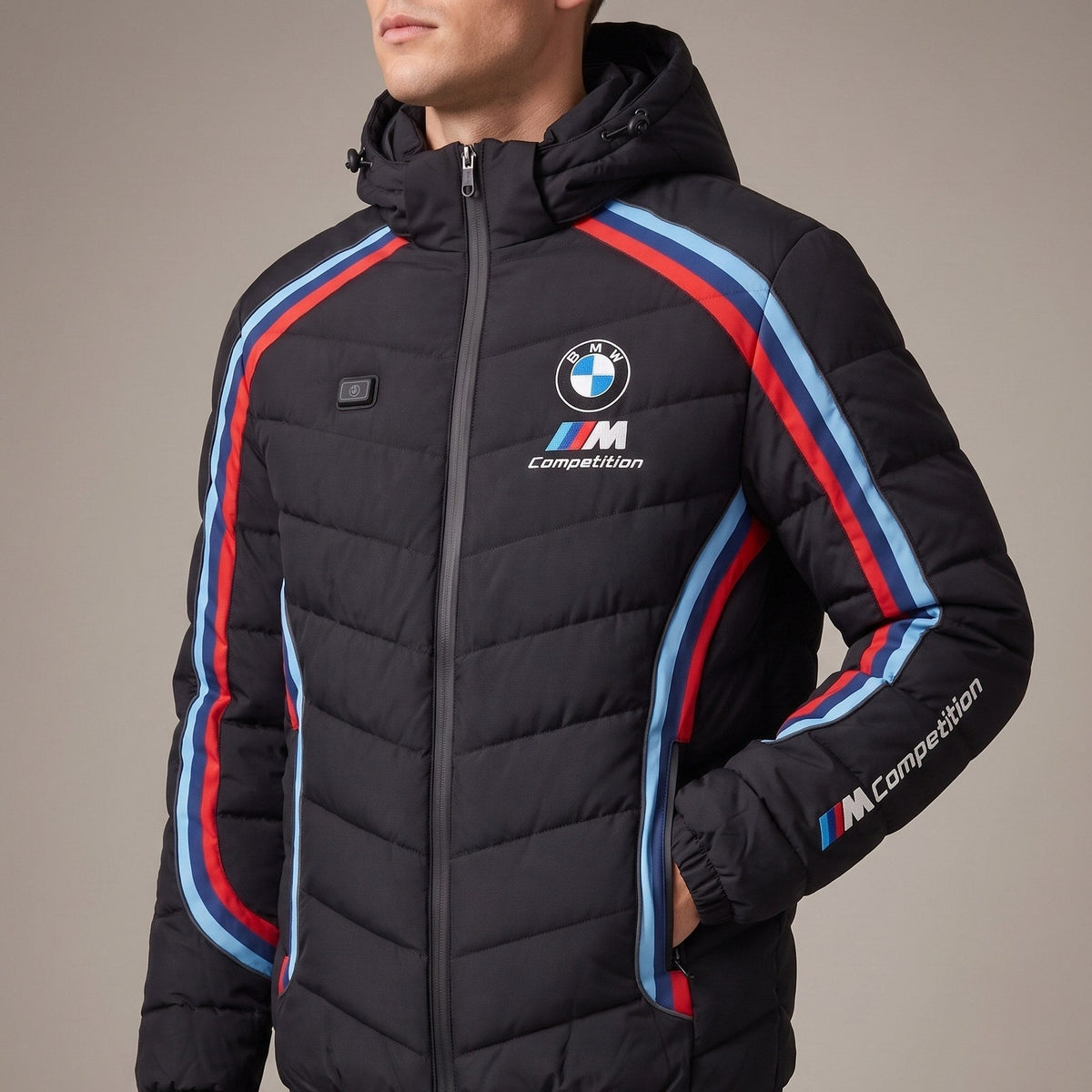 BMW M heated puffer jacket worn, three-quarter view