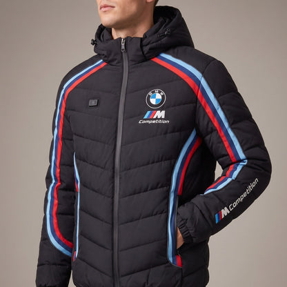 BMW M heated puffer jacket worn, three-quarter view